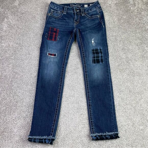 Miss Me Jeans Girl’s 12 Blue Ankle Skinny Dark Denim Patches Distressed - Picture 1 of 12
